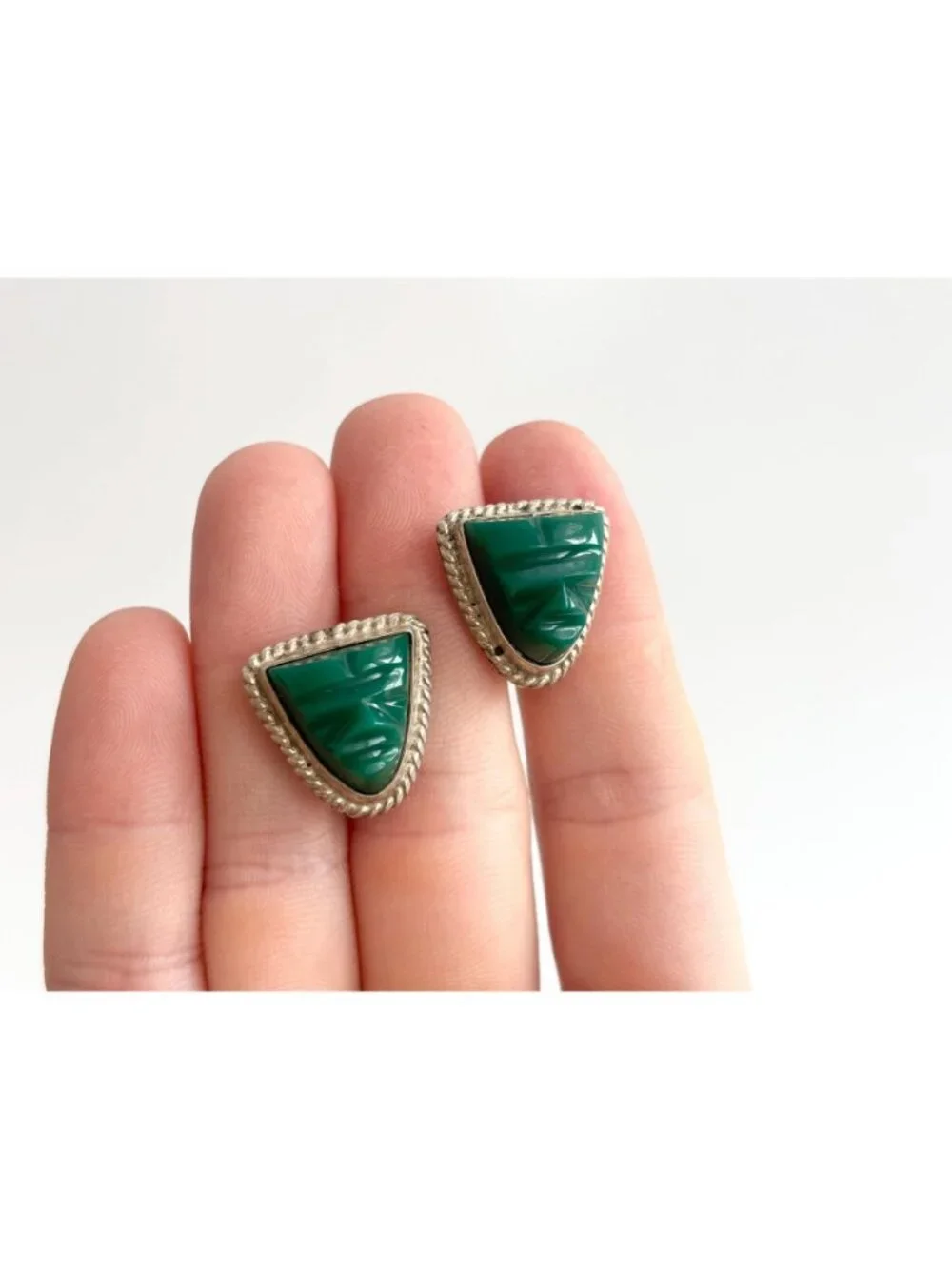 Green Onyx Gemstone Mask Taxco, Mexico Sterling Silver 925 Men's Cufflinks